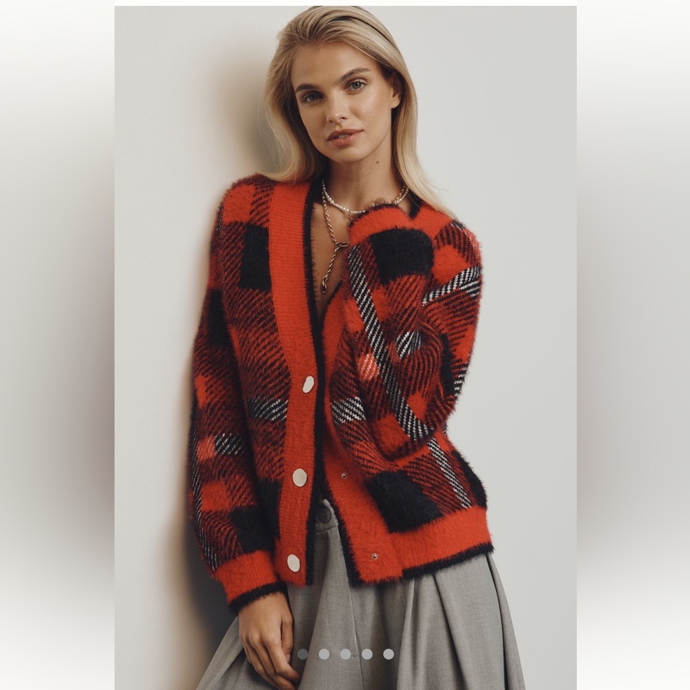 Boutique x Royal & Reese Cardigan Sweater Buffalo Check Plaid Red& Black Medium - Picture 7 of 10